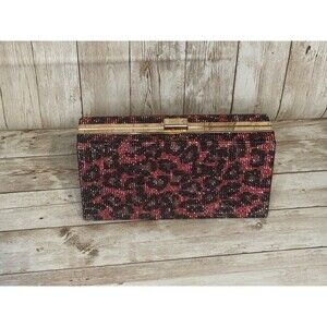 Pink Leopard Print Rhinestone Clutch Purse Handbag w/ Gold Chain